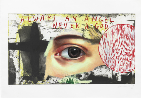 Andreas Amrhein, Always an Angel Never a God, 1993/2023, Acryl, Farbradierung auf Bütten/acrylic, colour etching on handmade paper, 70 x 100 cm 